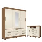 Guarda Roupa Casal 3 Portas de Correr 9 Gavetas Morretes com Espelho e Cômoda Havana com Pés Master Areia - Santos Andirá