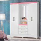 Guarda Roupa Casal 4 Portas Dubai Branco/Rosa Flex C/ Espelho - Mercado dos Móveis