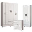 Guarda Roupa Casal 6 Portas com Pés com Cômoda 1 Porta 4 Gavetas e Armário Multiuso Fit Branco Brilho Santos Andirá