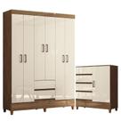 Guarda Roupa Casal 6 portas com Pés Fit e Cômoda 1 Porta e 4 Gavetas Fit Jequitibá Off White Acetinado - Santos Andirá