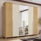 Guarda-Roupa Casal Amsterdã com 6 Portas com Espelho e Detalhe Ripado com 4 Gavetas Internas e Maleiro
