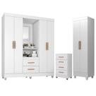 Guarda Roupa Casal Capela com Cômoda 4 Gavetas e Armário Multiuso Lite Branco Brilho - Móveis Leão