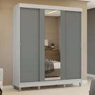 Guarda-Roupa Casal com Pés 3 Portas de Correr com Espelho Branco/Cinza Reno Madesa Guarda-Roupa Casal com Pés 3 Portas de Correr com Espelho Branco/Cinza Reno Madesa