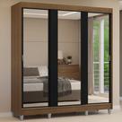 Guarda-Roupa Casal com Pés 3 Portas de Correr de Espelho Rustic/Preto Reno Madesa