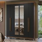 Guarda-Roupa Casal com Pés 6 Portas Batentes com Espelho Rustic/Preto/Rustic Netuno Madesa