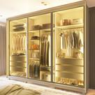 Guarda Roupa Casal com Vidro Reflecta LED 3 Portas de Correr com Pés MDF Platinum Gelius