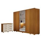 Guarda Roupa Casal Evo 6 Portas Com Espelho Cinamomo com Cômoda San Marino 8 Gavetas Cinamomo Off-White Leifer