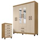 Guarda Roupa Casal Modena com Espelho 6 Portas e Cômoda Cannes 5 Gavetas Carvalho Americano Off White Incorplac