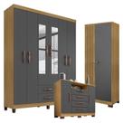 Guarda Roupa Casal Modena com Espelho 6 Portas e Cômoda Madri Armário Multiuso Versatile Carvalho Americano Grafite Incorplac