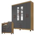 Guarda Roupa Casal Modena Com Espelho 6 Portas E Cômoda Sapateira Cannes Carvalho Americano Grafite Incorplac