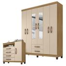 Guarda Roupa Casal Modena com Espelho 6 Portas e Cômoda Sapateira Cannes Carvalho Americano Off White Incorplac