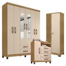 Guarda Roupa Casal Modena com Espelho 6 Portas e Cômoda Sapateira Cannes com Armário Multiuso Versatile Carvalho Americano Off White Incorplac