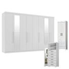 Guarda Roupa Casal New Master 8 Portas 4 Gavetas com Espelho e Cômoda 1 Porta 6 Gavetas com Espelho e Pés Marabá e Multiuso Fit Branco Brilho- Santos Andirá