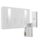 Guarda Roupa Casal New Master 8 Portas 4 Gavetas com Espelho e Cômoda 1 Porta 6 Gavetas com Espelho Marabá e Multiuso Fit Branco Brilho- Santos Andirá
