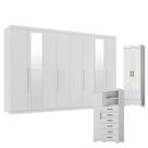 Guarda Roupa Casal New Master 8 Portas 4 Gavetas com Espelho e Cômoda 1 Porta 6 Gavetas com Pés Marabá e Multiuso Fit Branco Brilho - Santos Andirá