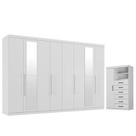 Guarda Roupa Casal New Master 8 Portas 4 Gavetas com Espelho e Cômoda 1 Porta 6 Gavetas Marabá Branco Brilho- Santos Andirá