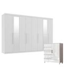Guarda Roupa Casal New Master 8 Portas 4 Gavetas com Espelho e Cômoda Fit 4 Gavetas 1 Porta Branco Brilho- Santos Andirá