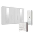 Guarda Roupa Casal New Master 8 Portas 4 Gavetas com Espelho e Cômoda Fit 4 Gavetas e 1 Porta e Multiuso Fit Branco Brilho - Santos Andirá