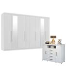Guarda Roupa Casal New Master 8 Portas 4 Gavetas com Espelho e Cômoda Havana Master com Rodizio Branco Brilho- Santos Andira
