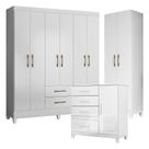 Guarda Roupa Casal Panamá com Cômoda Vênus com pés e Armário Multiuso New Íris Branco Brilho Moval