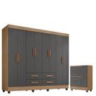 Guarda Roupa Casal Porto com Cômoda Lite 4 Gavetas 01 Porta Nature Cinza Móveis Leão