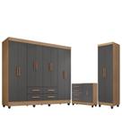 Guarda Roupa Casal Porto com Cômoda Lite 4 Gavetas 2 Portas e Armário Multiuso Lite Nature Cinza Móveis Leão
