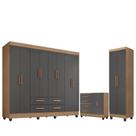 Guarda Roupa Casal Porto Com Cômoda Lite 4 Gavetas 2 Portas E Armário Multiuso Lite Nature Cinza - Móveis Leão