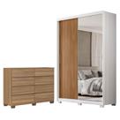 Guarda Roupa Casal Riva Branco Amêndola Touch Flex com Espelho e Pés e Cômoda 8 Gavetas Sintra Amêndola Touch com Pés Demóbile