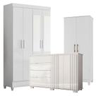 Guarda Roupa com Espelho Infantil Madri com Cômoda Texas e Armário Multiuso Jade Branco Brilho Moval