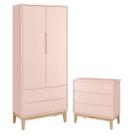 Guarda Roupa Infantil 2 Portas e Cômoda Gaveteiro New Classic Rosa com Pés Madeira Natural Reller