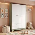 Guarda Roupa Infantil 3 Portas 2 Gavetas Encanto 200cm Verde Oliva/Branco