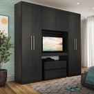 Guarda Roupa Infantil 6 Portas 2 Gavetas Porto Preto com Painel de TV