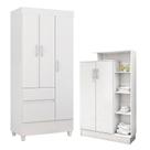 Guarda Roupa Infantil Wind e Armário Multiuso Elite Branco Brilho - Demóbile