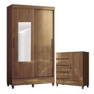Guarda Roupa Solteiro 2 Portas com Pés e Espelho Fit com Cômoda 1 Porta e 4 Gavetas Fit Jequitibá Acetinado Santos Andirá