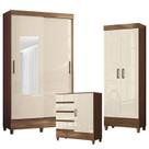 Guarda Roupa Solteiro 2 Portas de Correr com Espelho e Cômoda 1 Porta e 4 Gavetas e Armário Multiuso fit Jequitibá Off White Acetinado - Santos Andirá