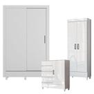 Guarda Roupa Solteiro 2 portas de Correr com Pés Fit e Cômoda 1 Porta e 4 Gavetas e Armário Multiuso fit Branco Brilho - Santos Andirá