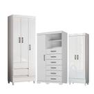Guarda Roupa Solteiro 3 Portas com Pés Fit e Cômoda 1 Porta 6 Gavetas Marabá e Armário Multiuso Fit Branco Brilho - Santos Andirá