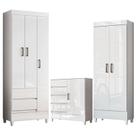 Guarda Roupa Solteiro 3 portas de Correr com Pés Fit com Cômoda 1 Porta e 4 Gavetas e Armário Multiuso Fit Branco Brilho - Santos Andirá
