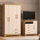 Guarda Roupa Solteiro 4 Portas 2 Gavetas com Cômoda Sapateira 1 Porta 4 Gavetas Carvalho Off White Clique Chique