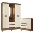 Guarda Roupa Solteiro 4 Portas com Pés Capelinha Fit com Cômoda 1 Porta e 4 Gavetas Fit Jequitibá Off White Acetinado-Santos Andirá