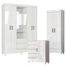 Guarda Roupa Solteiro 4 Portas com Pés Capelinha Fit e Cômoda 1 Porta e 4 Gavetas e Armário Multiuso Fit Branco Brilho-Santos Andirá