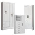 Guarda Roupa Solteiro 4 portas com Pés Fit e Cômoda 1 Porta e 6 Gavetas e Armário Multiuso Fit Branco Brilho - Santos Andirá