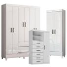 Guarda Roupa Solteiro 6 Portas Fit com Pés e Cômoda 1 Porta e 6 Gavetas Marabá e Armário Multiuso Fit Branco Brilho-Santos Andirá