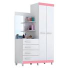 Guarda roupa solteiro com Espelho 2 portas 4 gavetas Melissa ACP Móveis Branco/Rosa Guarda roupa solteiro com Espelho 2 portas 4 gavetas Melissa ACP Móveis Branco/Rosa