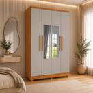 Guarda Roupa Solteiro com Espelho e pés 4 Portas 2 Gavetas 133cm Amsterdam