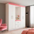 Guarda-Roupa Solteiro com Espelho Lord 4 PT 2 GV Branco e Rosa