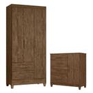 Guarda Roupa Solteiro Lima e Cômoda Vênus com Pés Castanho Wood Flex Moval