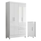 Guarda Roupa Solteiro Madri com Espelho e Armário Multiuso Lírio Branco Brilho Moval