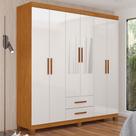 Guarda-Roupa Solteiro Regalle 6 Portas 2 Gavetas com Pés e Espelho Cinamomo/Branco - Pnr Móveis