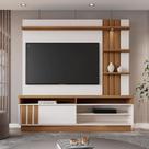 Home Mariana 1,80m TV 55" Painel Ripado Prateleira Nichos LED - Perola Metalizado/Amendoa